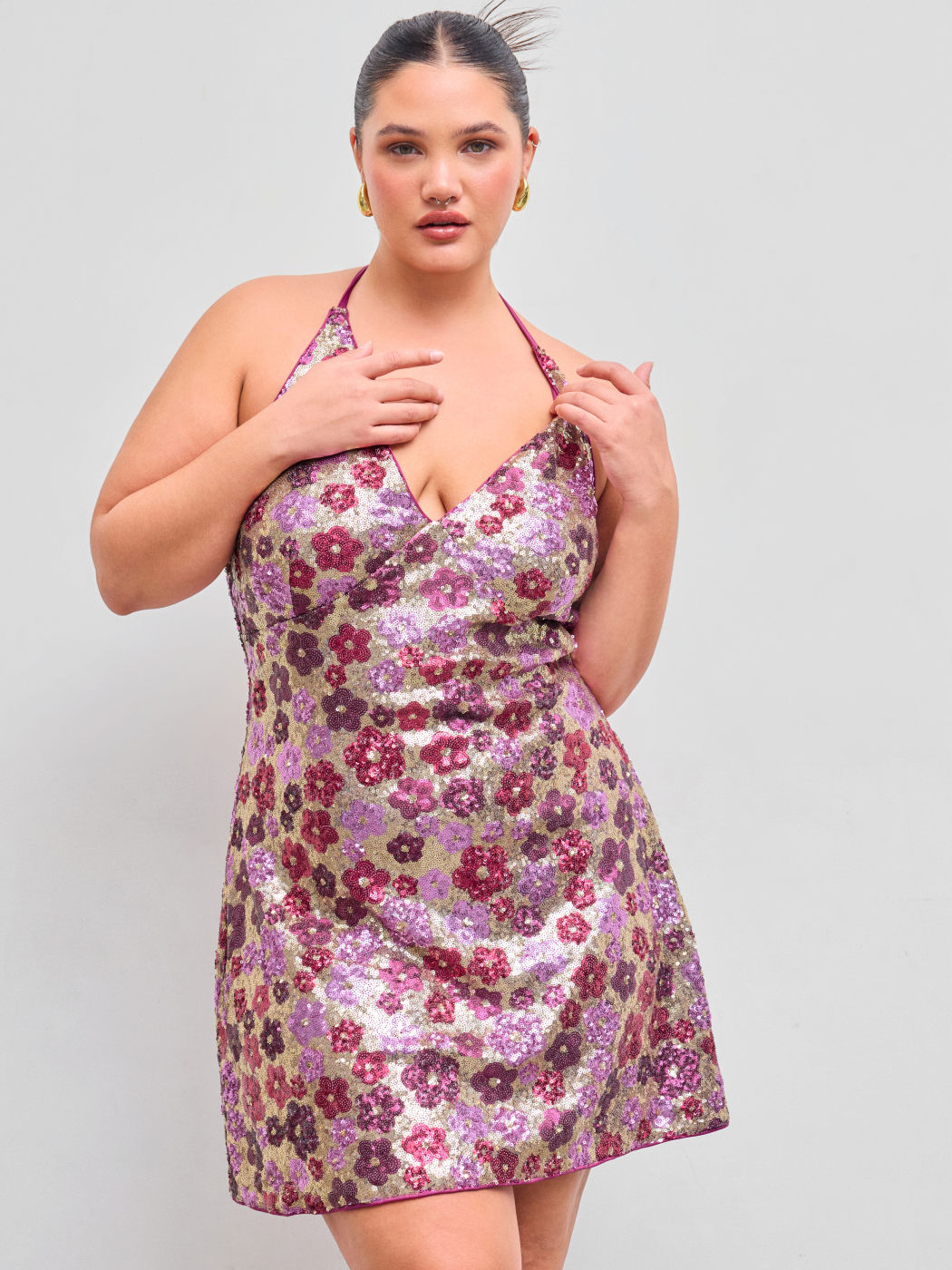 Pailletten Halter V-Ausschnitt Florales Geknotetes Mini Kleid Kurve & Plus
