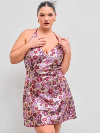 Pailletten Halter V-Ausschnitt Florales Geknotetes Mini Kleid Kurve & Plus