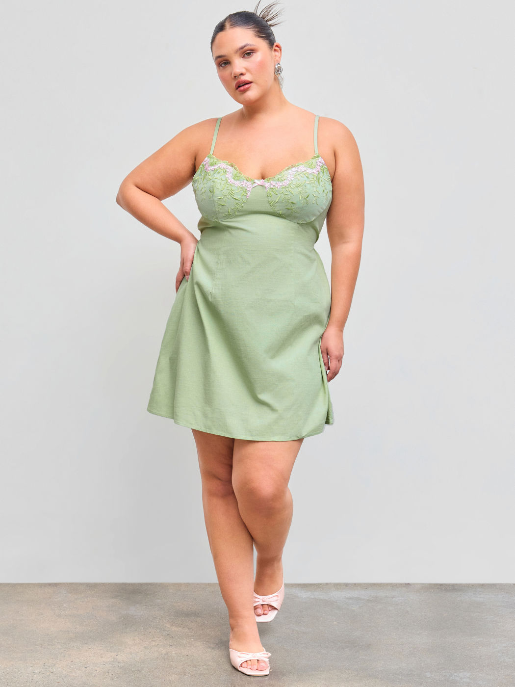 Cotton-blend V-neck Floral Embroidery Shirred Mini Dress Curve & Plus