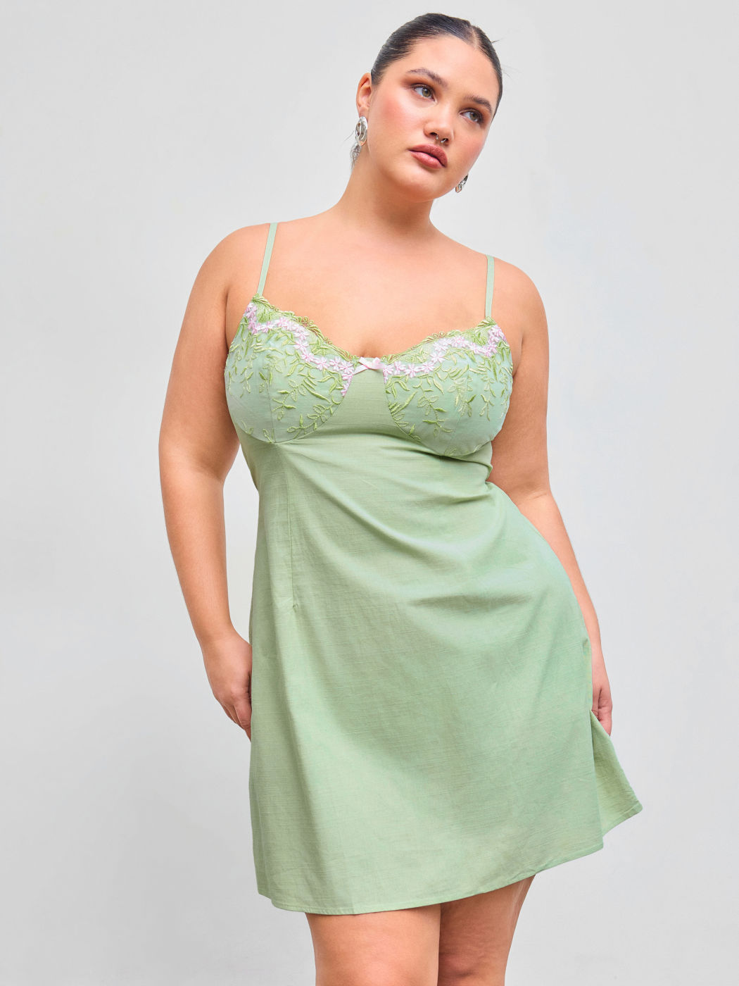 Cotton-blend V-neck Floral Embroidery Shirred Mini Dress Curve & Plus