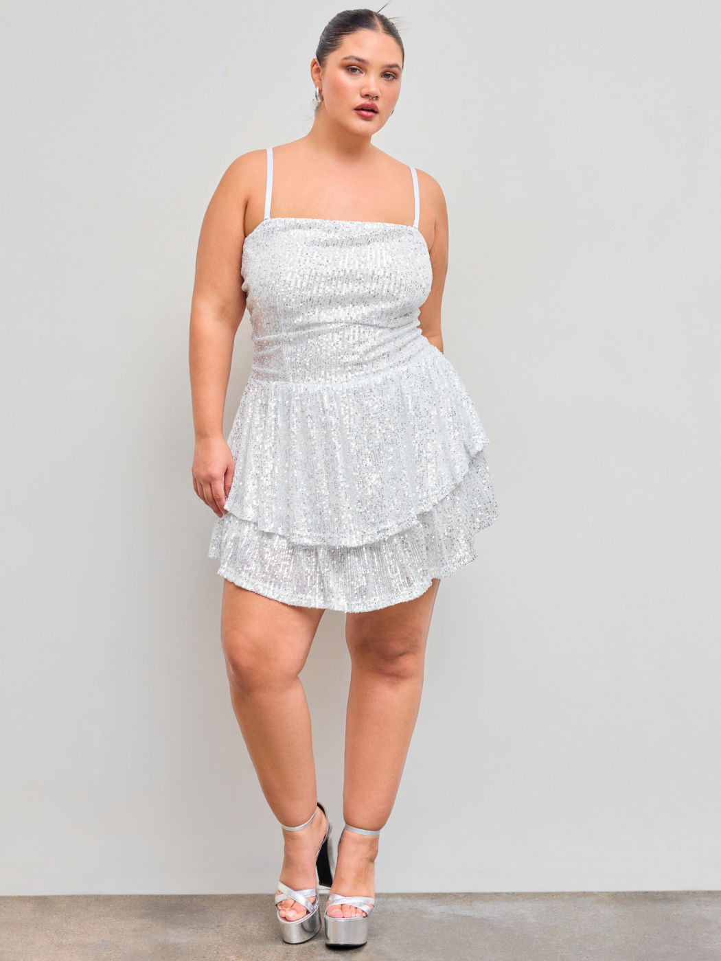 Sequin Square Neck Solid Layered Ruched Mini Dress Curve & Plus