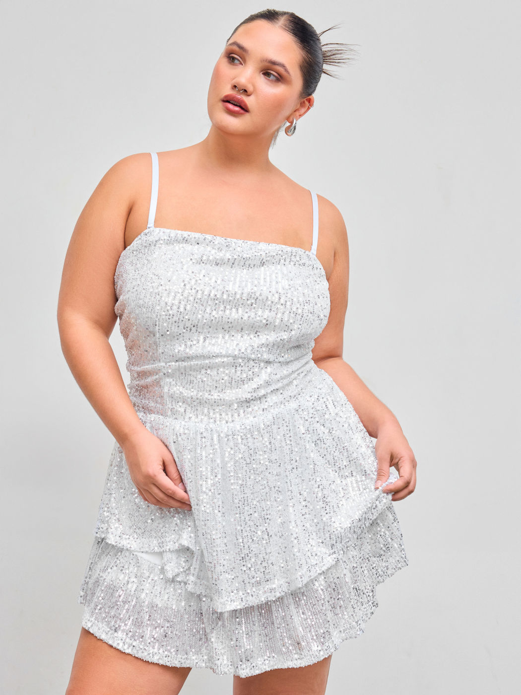 Sequin Square Neck Solid Layered Ruched Mini Dress Curve & Plus