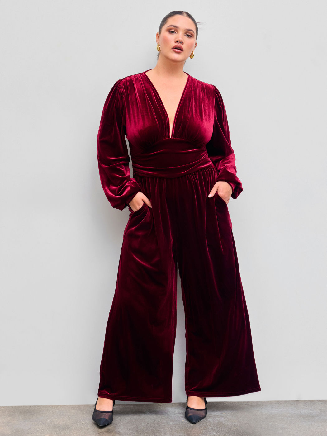 Velvet V-neck Solid Ruched Pocket Wide Leg Jumpsuit Curve & Plus