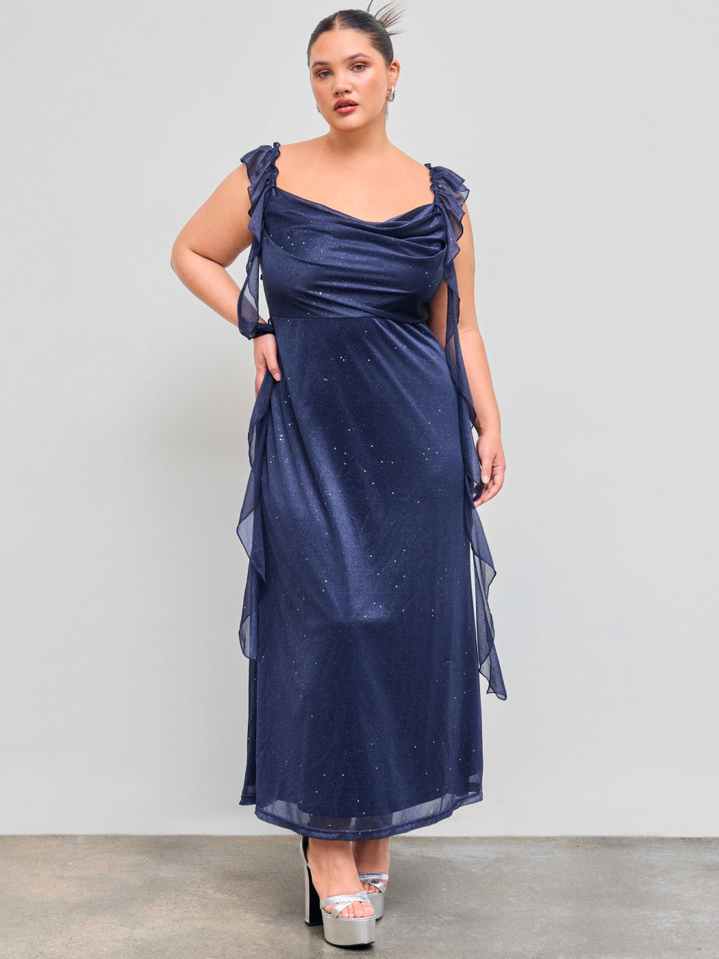 Mesh Cowl Neck Solid Sequin Ruffle Hem Maxi Dress Curve & Plus
