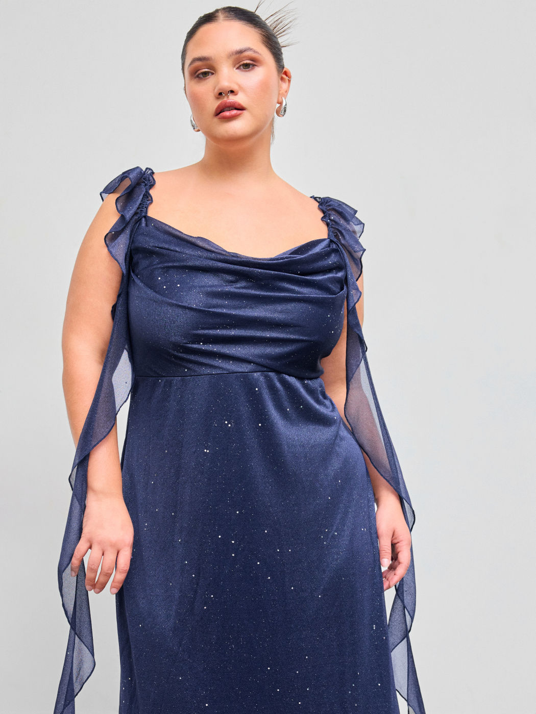 Mesh Cowl Neck Solid Sequin Ruffle Hem Maxi Dress Curve & Plus