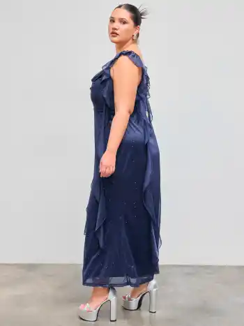 Mesh Cowl Neck Solid Pailletten Rüschensaum Maxikleid Kurve & Plus