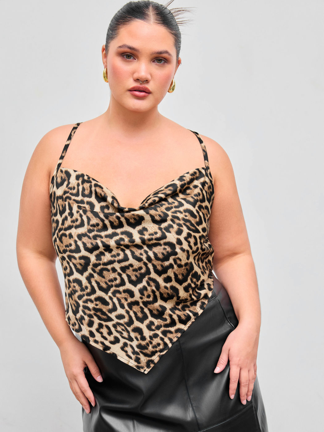 Satin Cowl Neck Leopard Criss Cross Ruched Crop Cami Top Curve & Plus