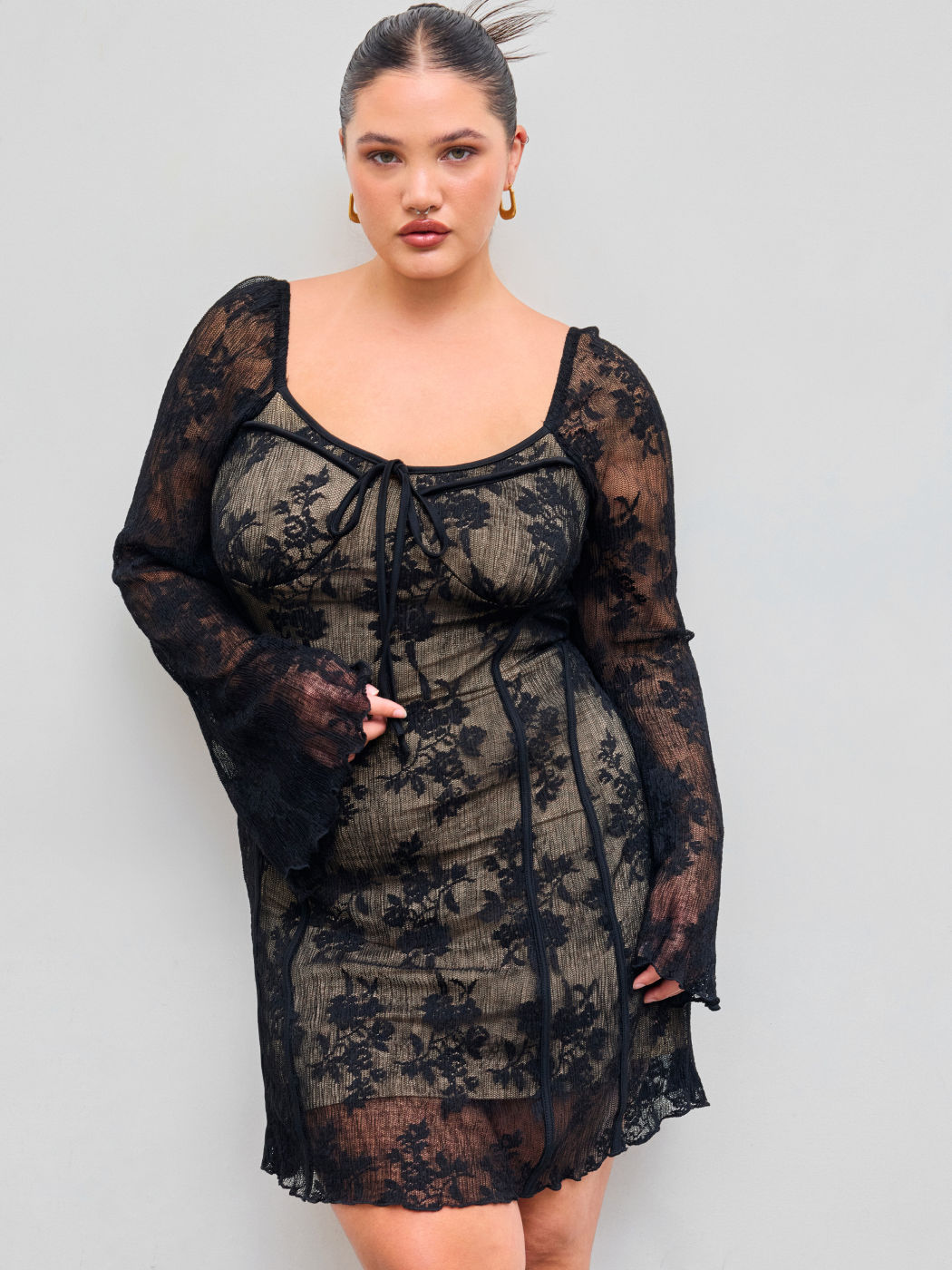 Spitzen-Karree-Ausschnitt Einfarbig Florales Geknotetes Mini Kleid Kurve & Plus