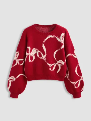 Knitted Bowknot Graphic Oversized Sweater