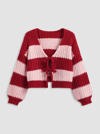 Strick-V-Ausschnitt gestreifter Krawattenfront Oversize Cardigan Kurve & Plus