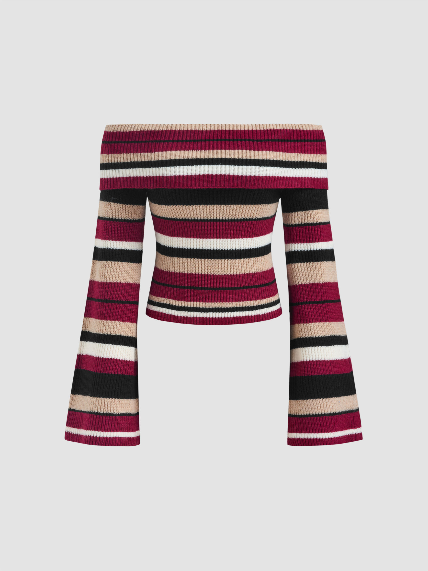 Tricot Knit Off-shoulder Striped Long Sleeve Crop Top For Décontracté quotidien