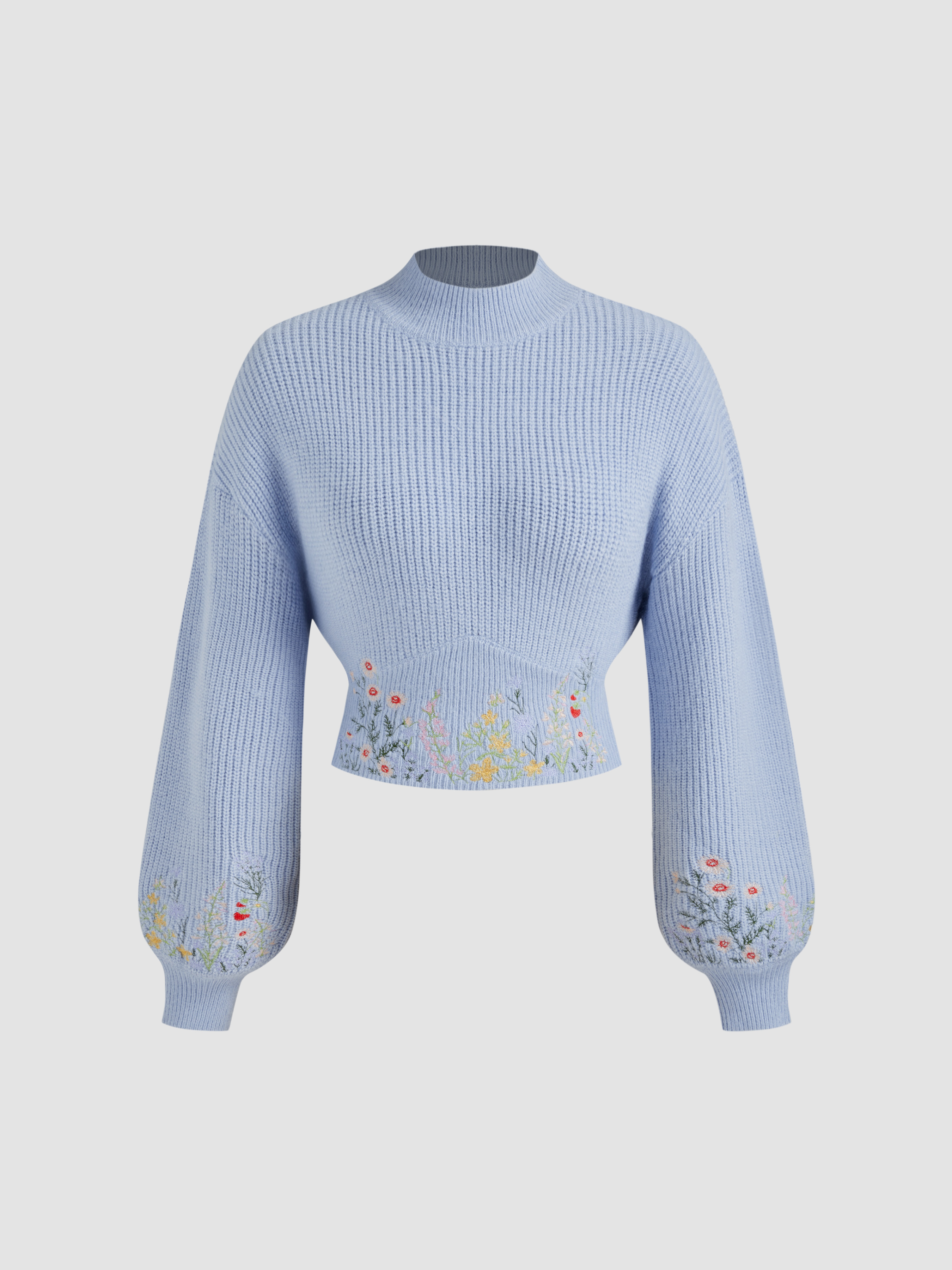 Knit Fabric Knit High Neck Floral Embroidery Crop Top For