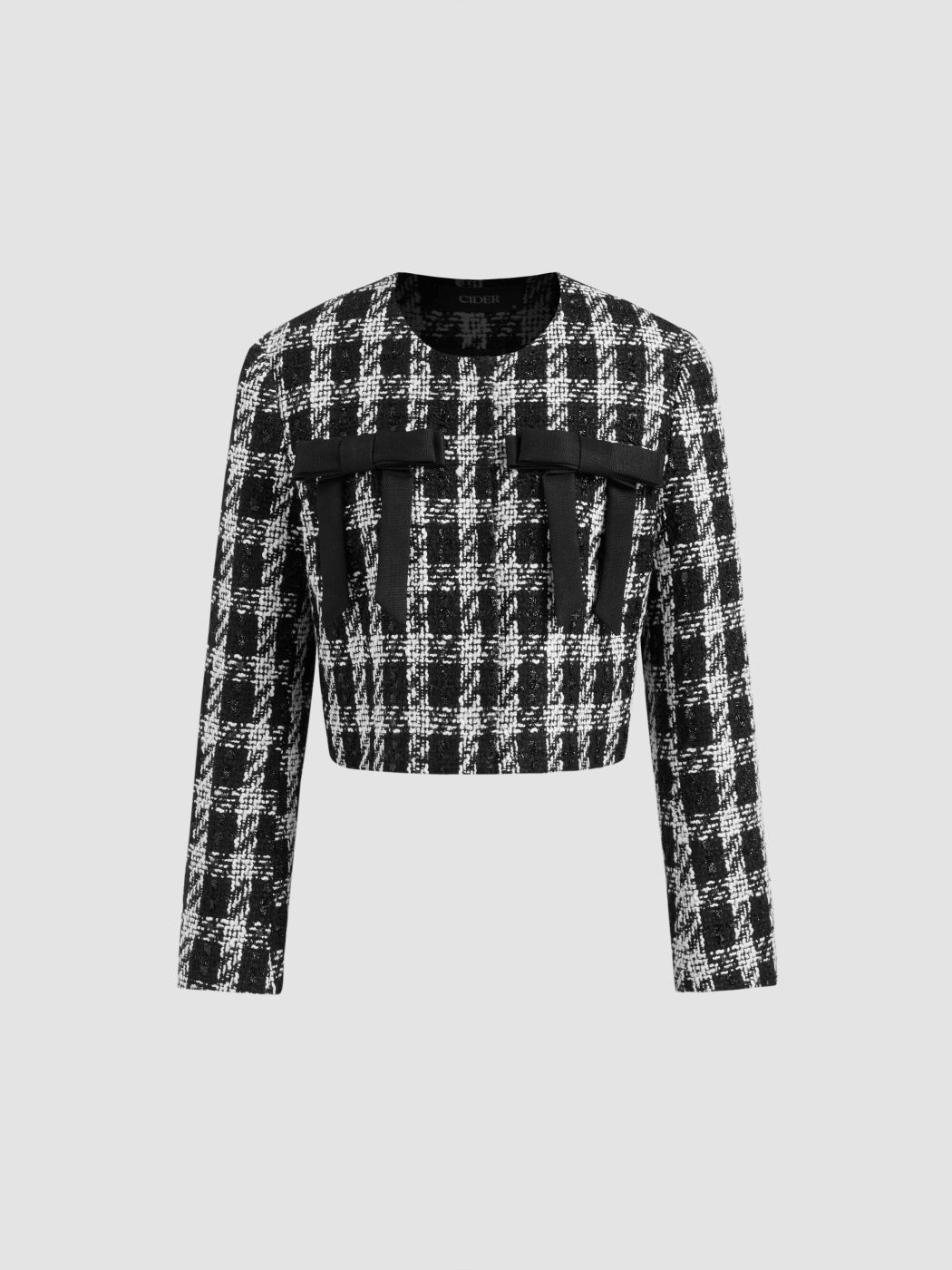 Tweed Round Neckline Bowknot Check Jacket
