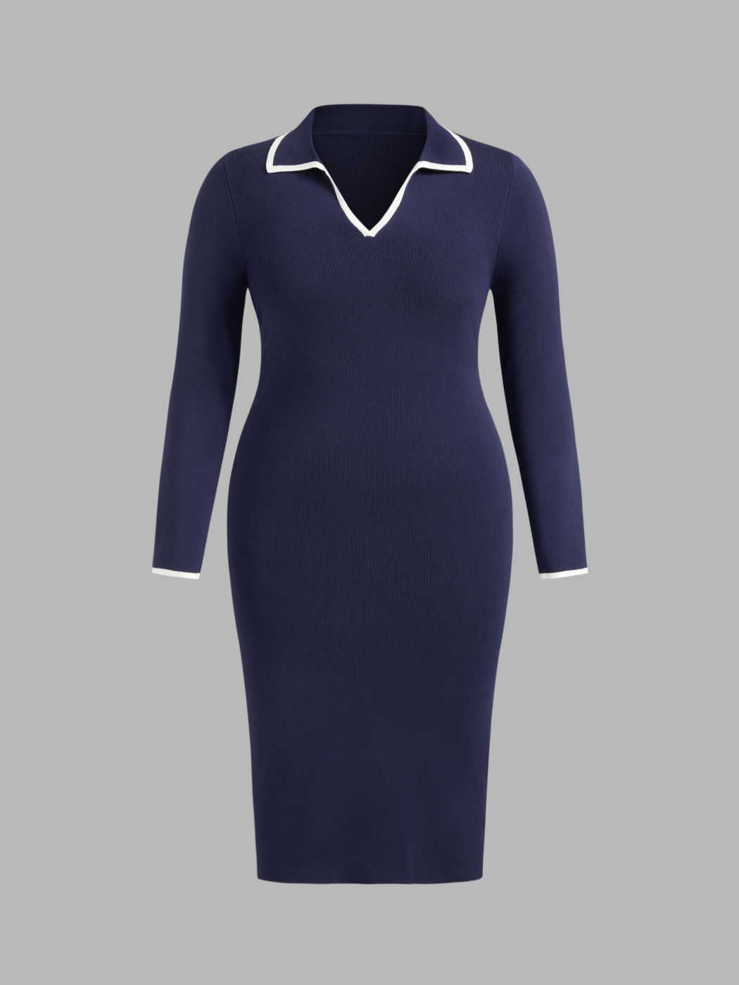 Knit V-neck Solid Contrasting Binding Midi Dress Curve & Plus