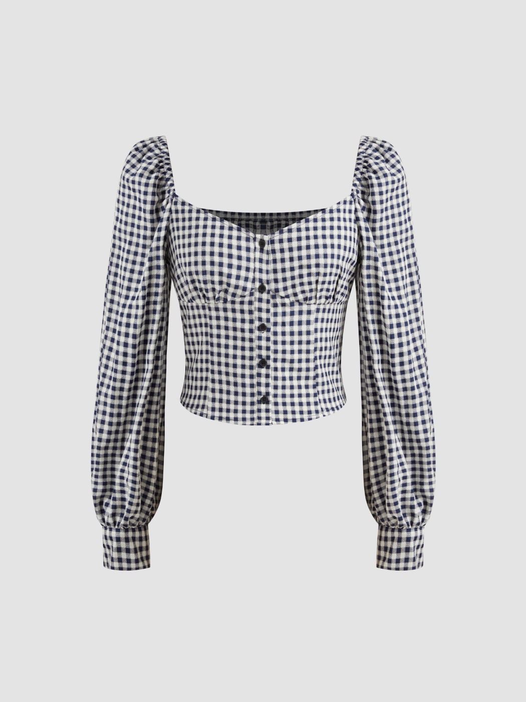 V-neck Gingham Button Crop Blouse