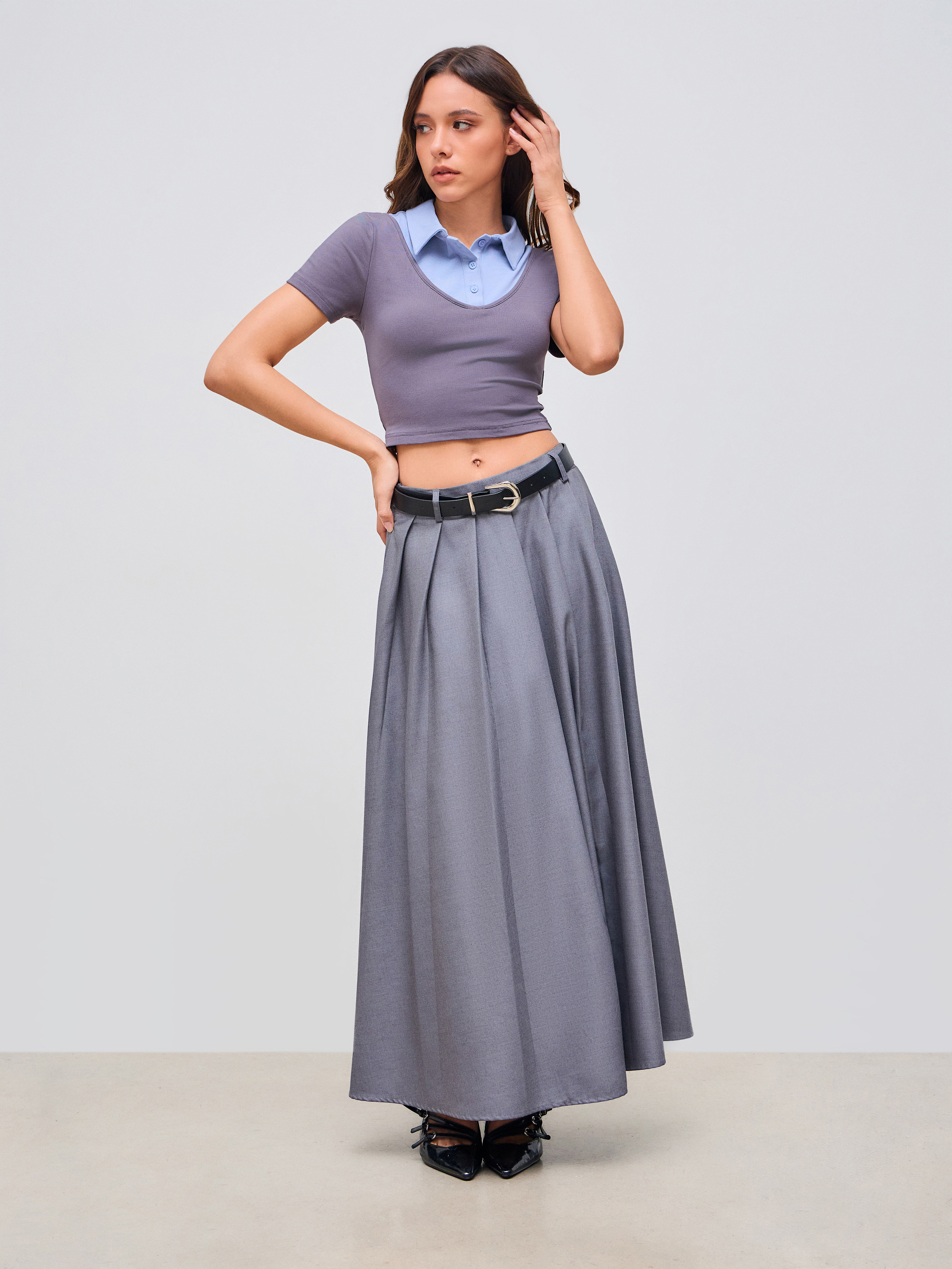 Collar Two Tone Button Short Sleeve Crop Top