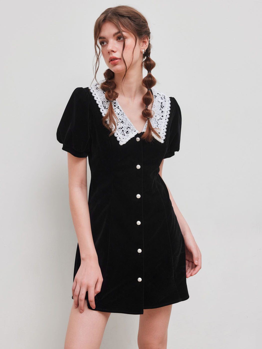 Velvet V-neck Solid Button Mini Dress