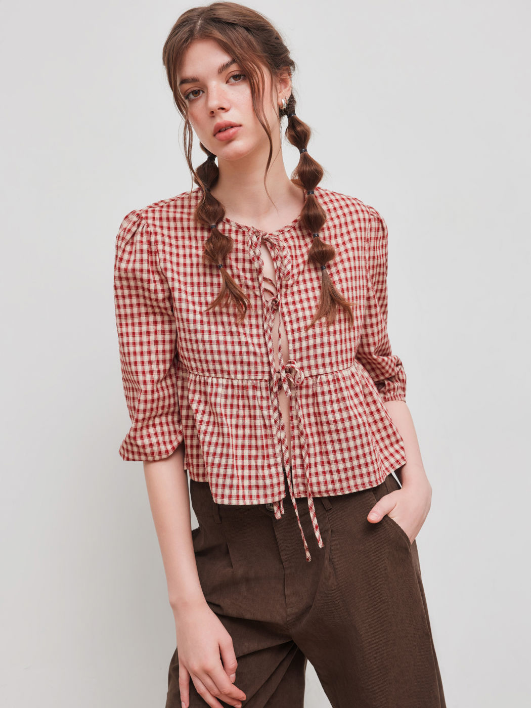 100% Cotton Round Neckline Gingham Tie Front Long Sleeve Blouse