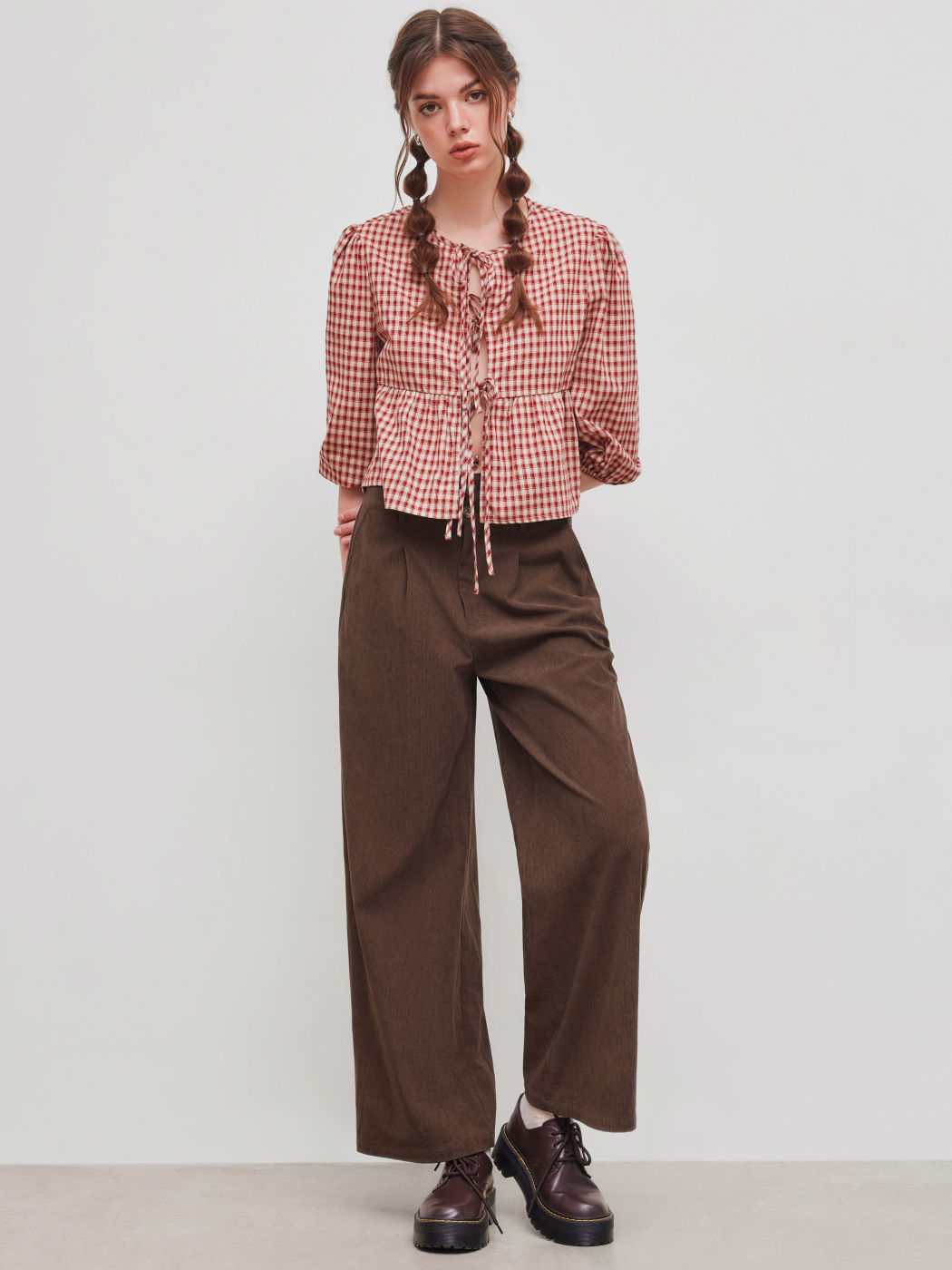 100% Cotton Round Neckline Gingham Tie Front Long Sleeve Blouse