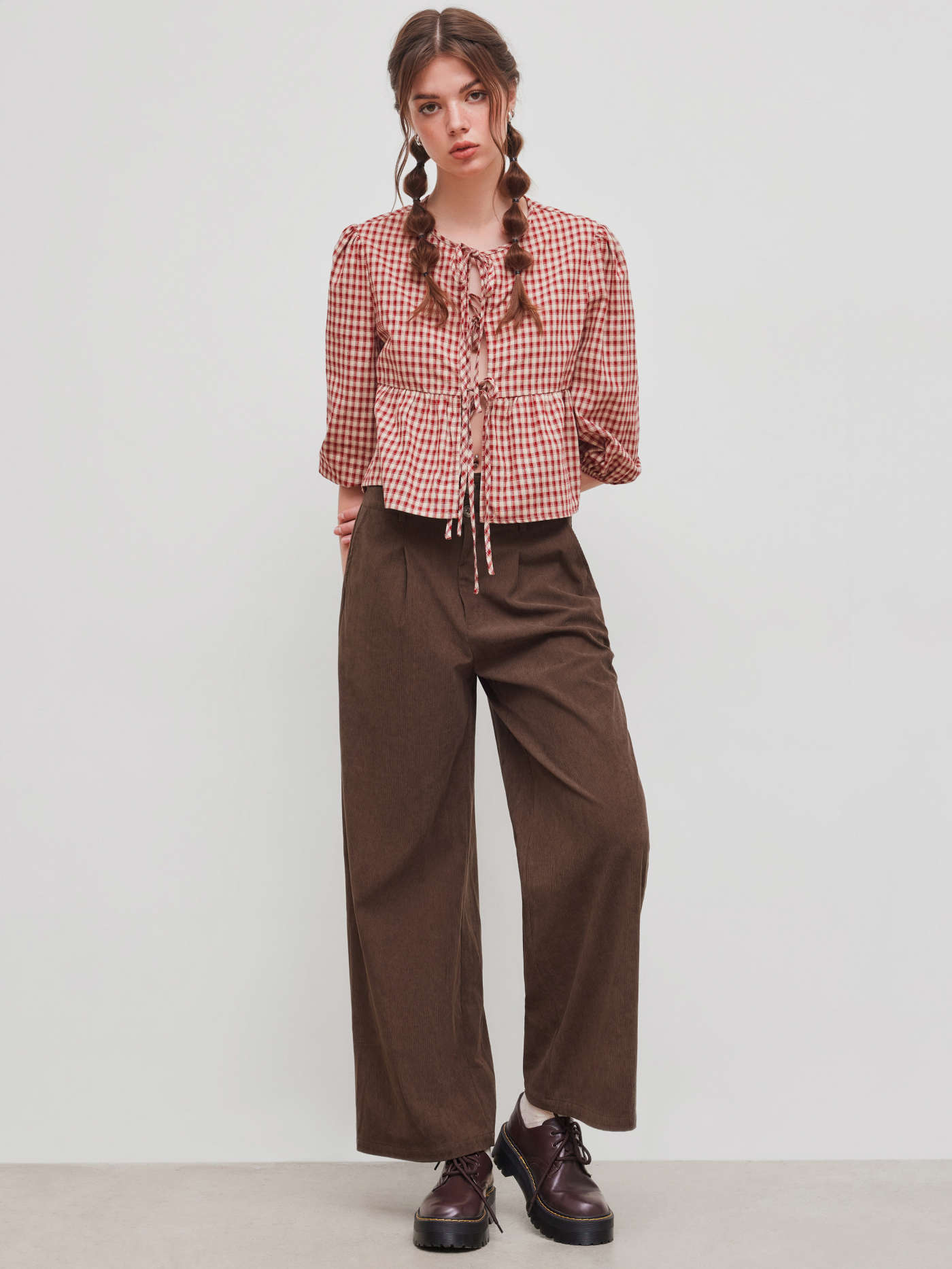 100% Cotton Round Neckline Gingham Tie Front Long Sleeve Blouse