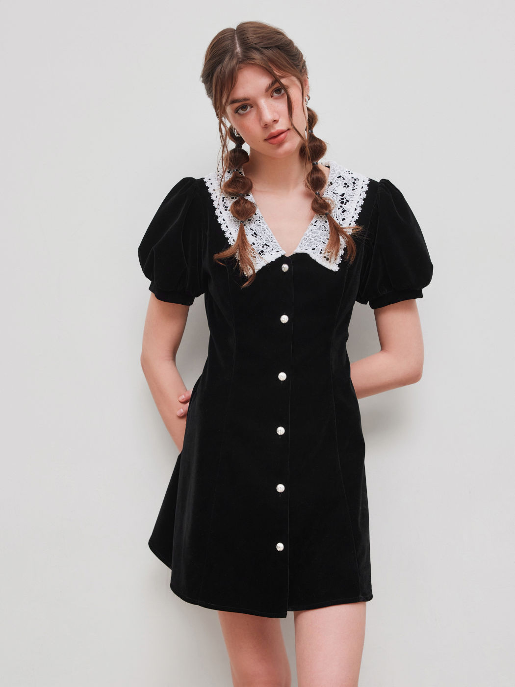 Velvet V-neck Solid Button Mini Dress