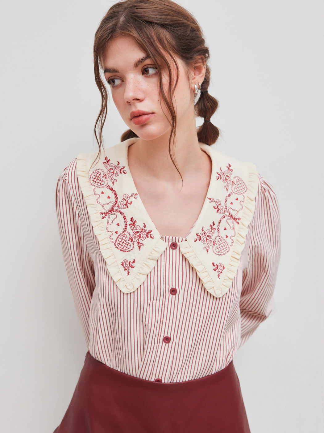 Doll Collar Striped Embroidery Oversized Shirt