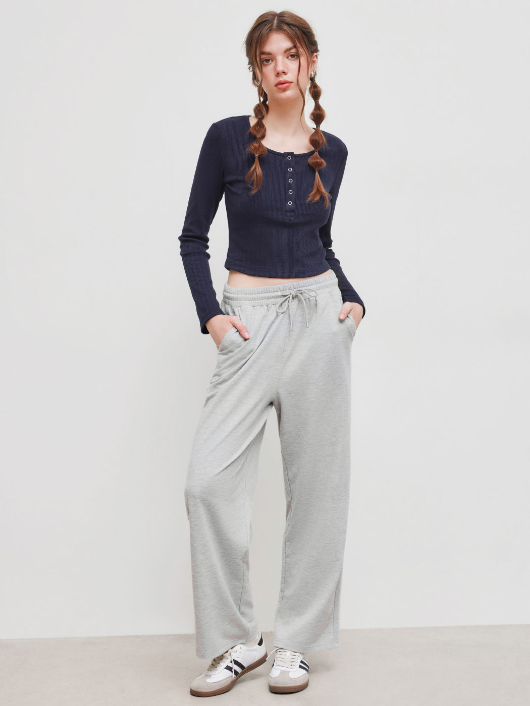 Round Neckline Solid Button Crop Top & Mid Rise Knotted Wide Leg Trousers Set