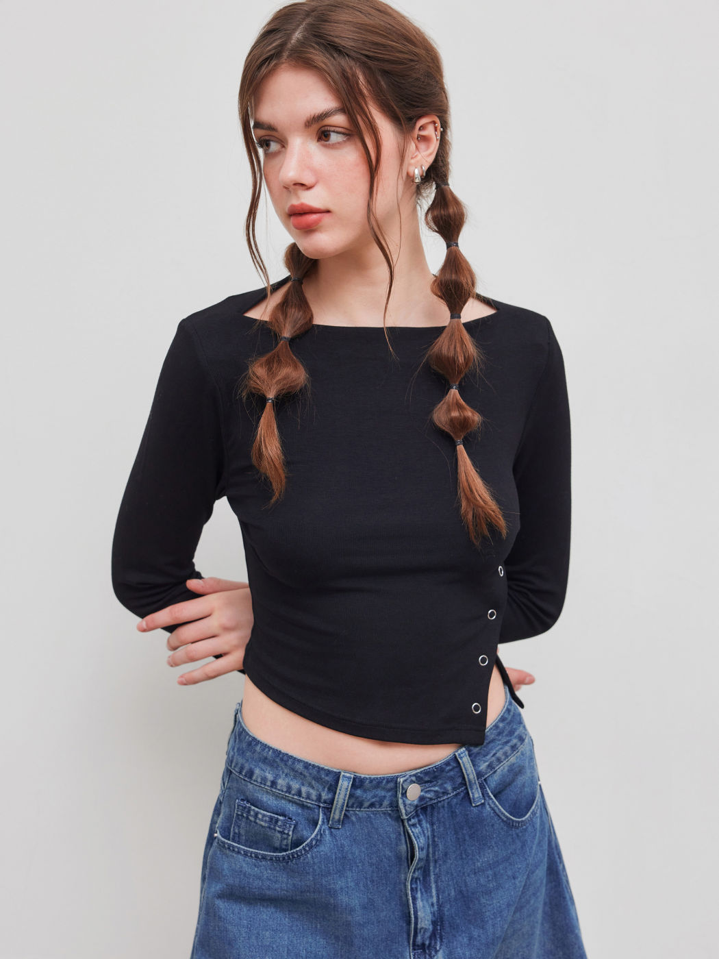 Bootsausschnitt Solid Knopf Langarm Crop Top