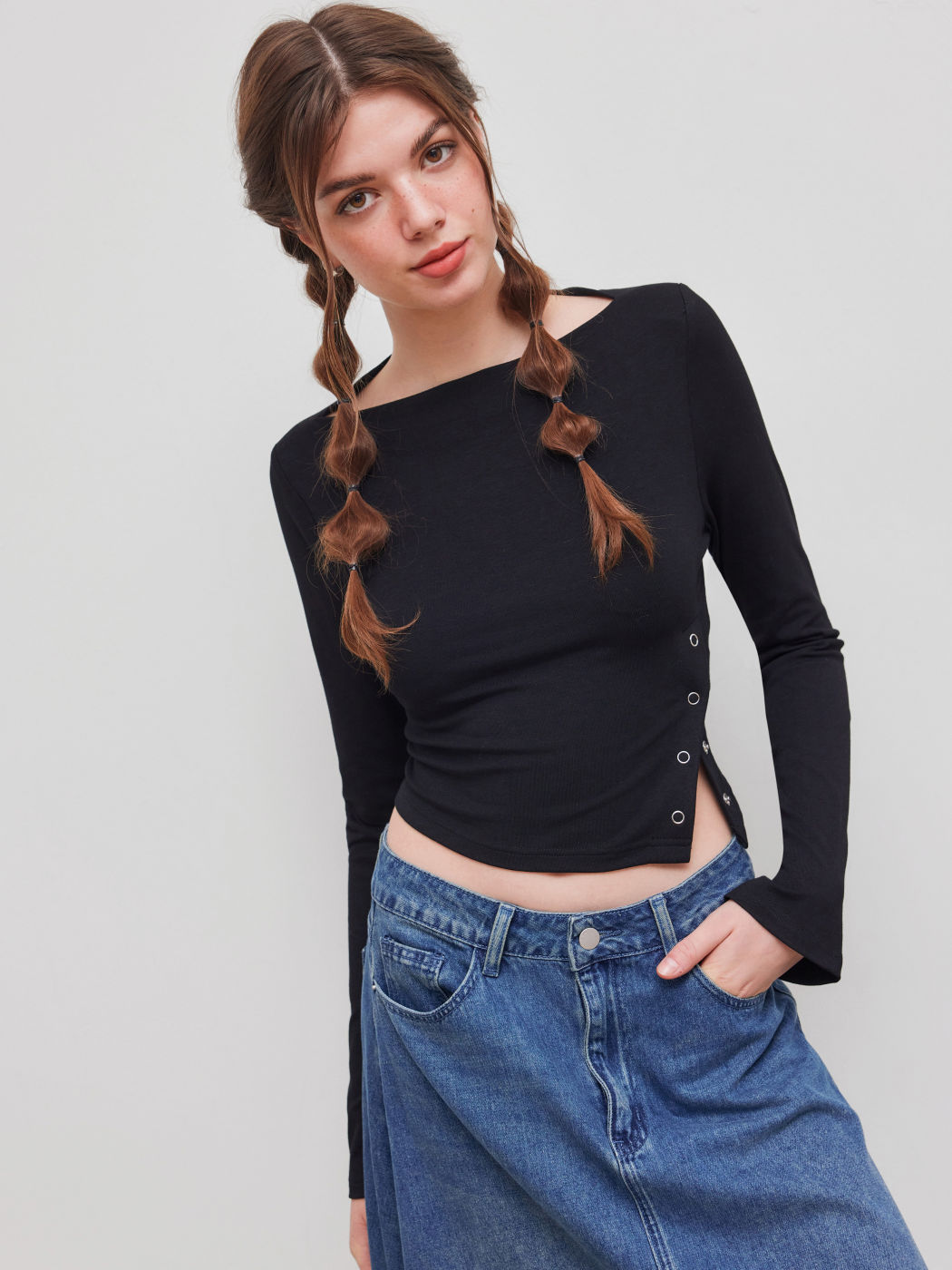 Bootsausschnitt Solid Knopf Langarm Crop Top