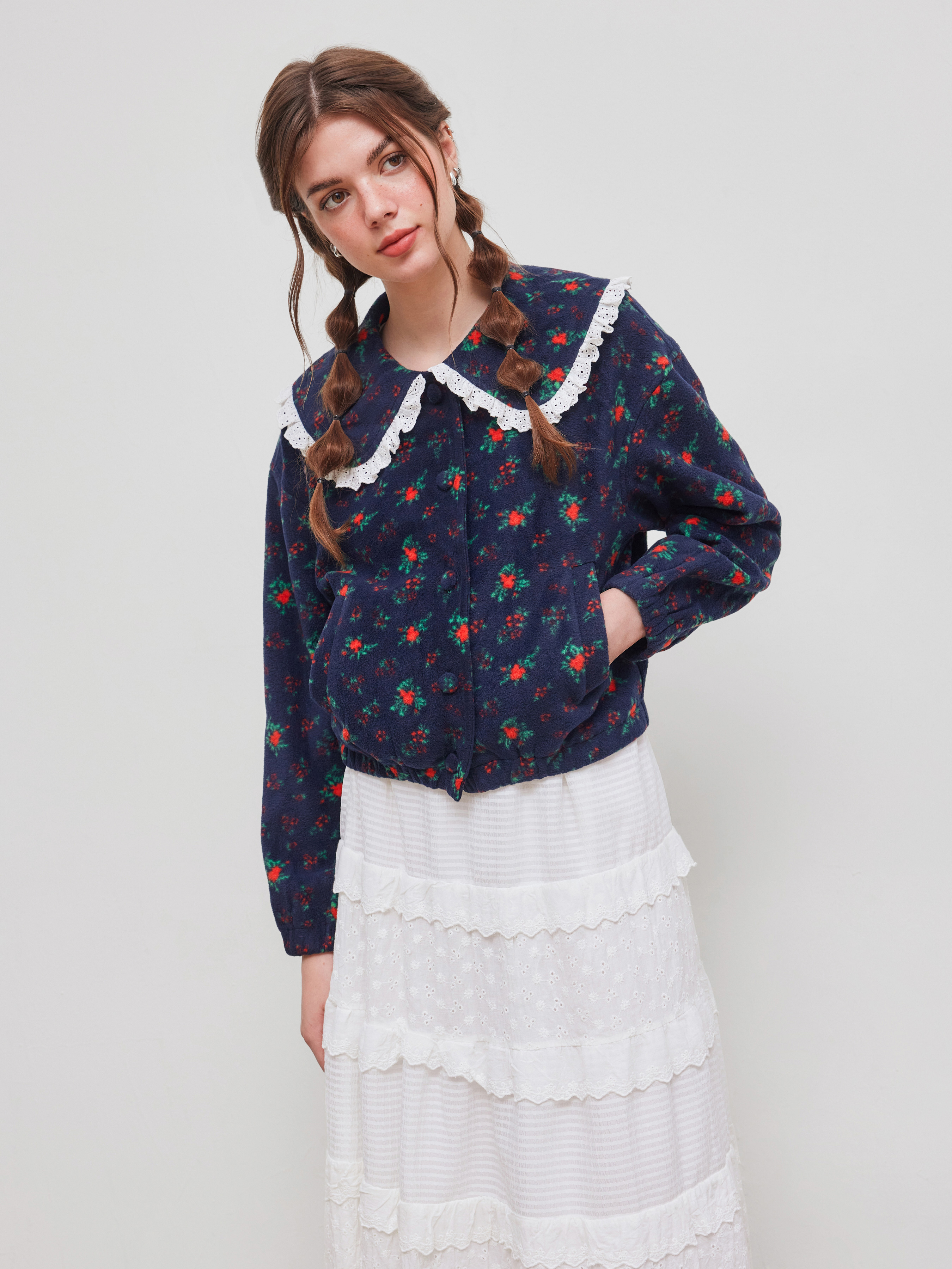 Fleece Fleece Doll Collar Floral Lace Pocket Oversized Coat