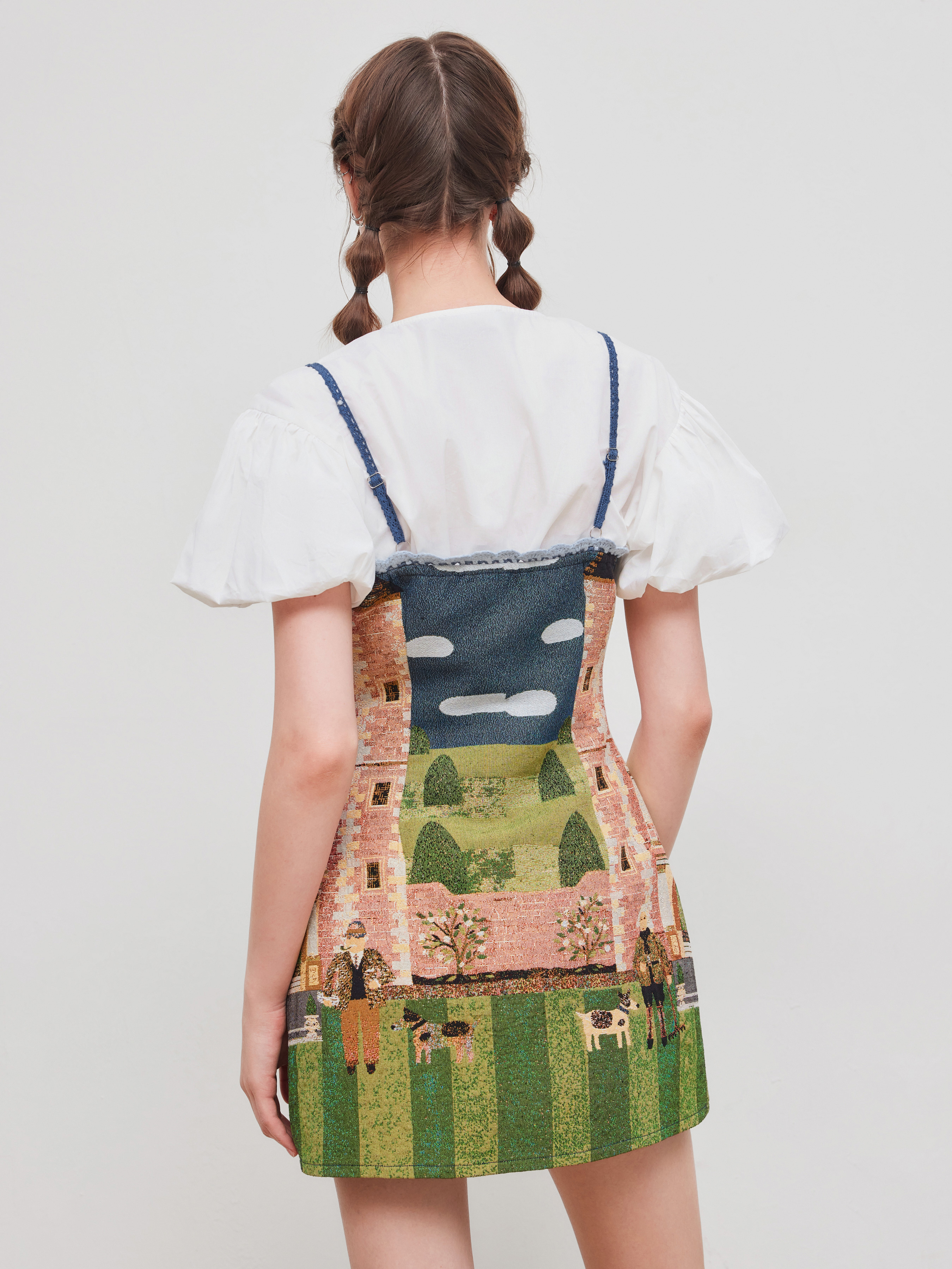 Woven Square Neckline Oil Painting Lace Mini Dress For Picnic