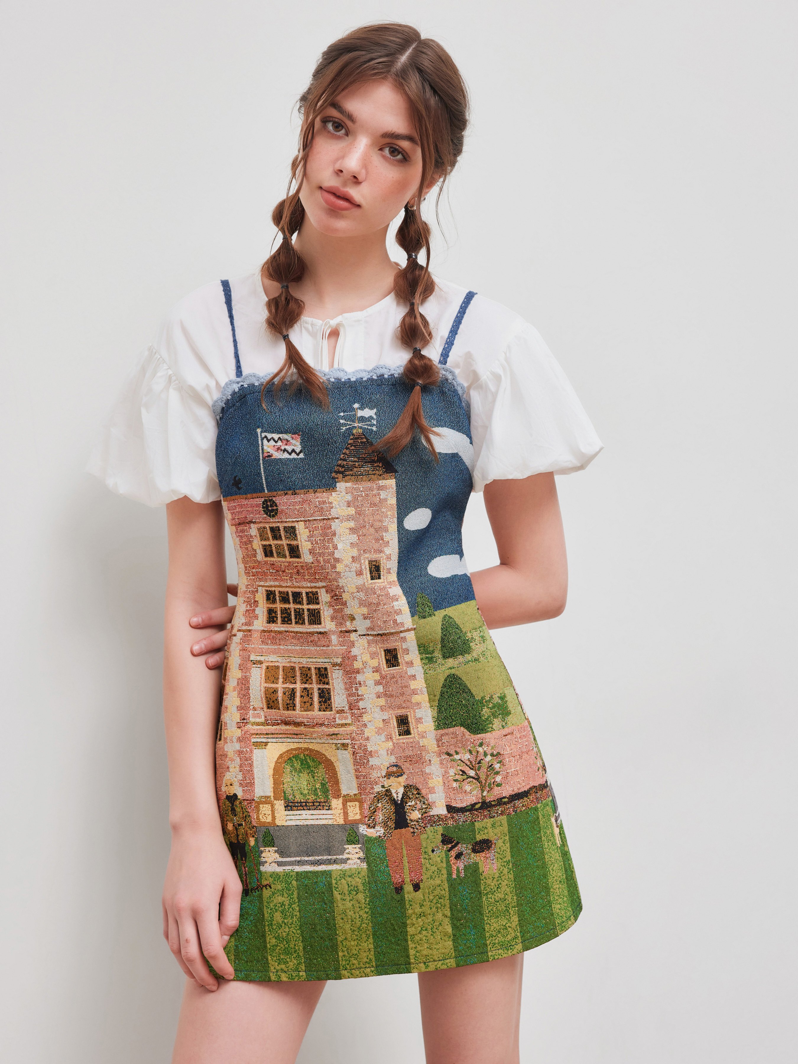 Woven Square Neckline Oil Painting Lace Mini Dress For Picnic
