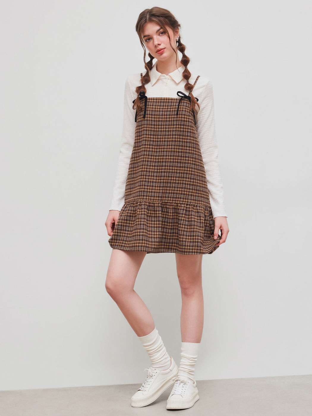 Square Neck Check Ruffle Bowknot Babydoll Mini Dress