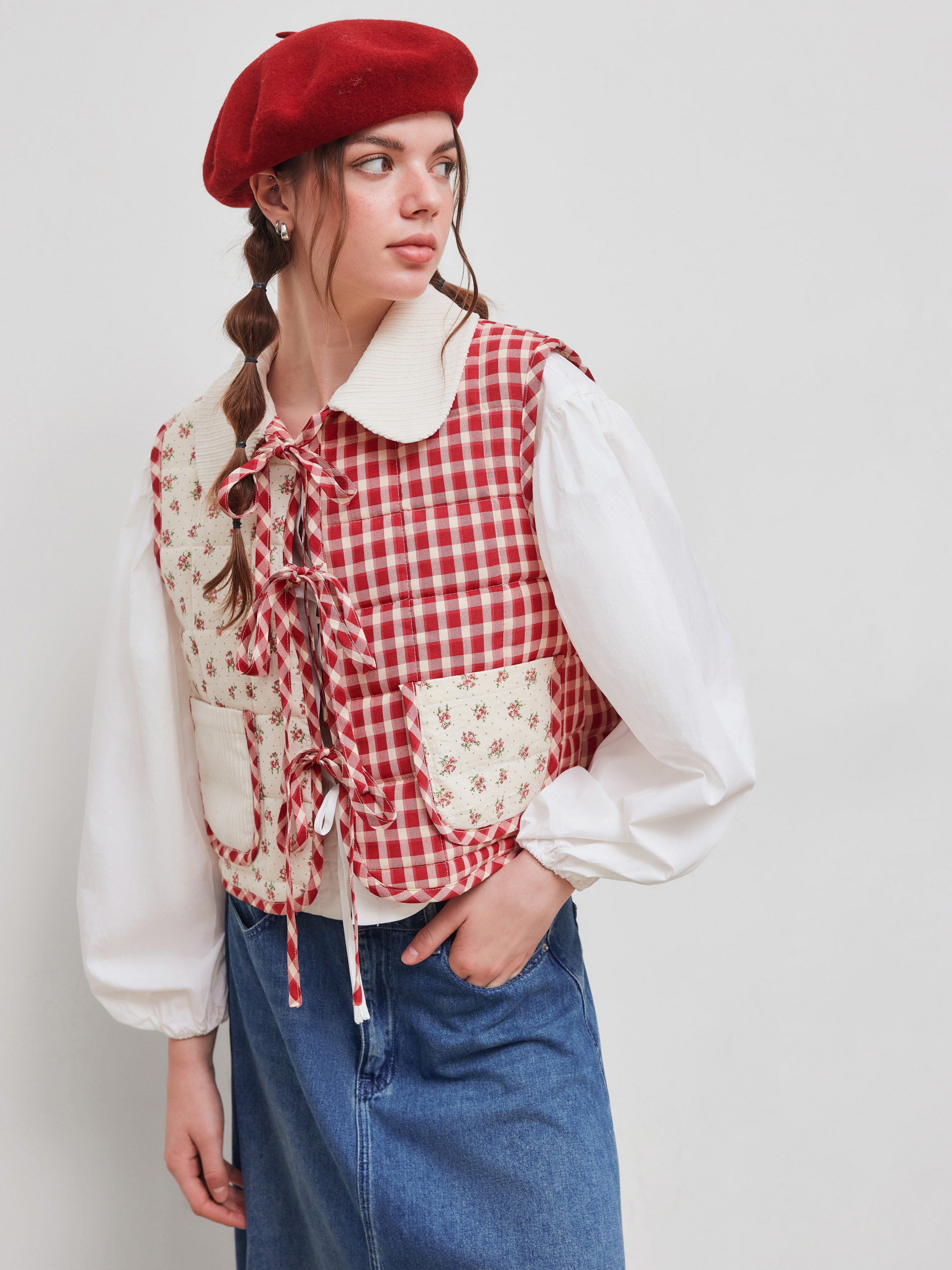 Woven Stand Collar Gingham Floral Heart Oversized Puffer