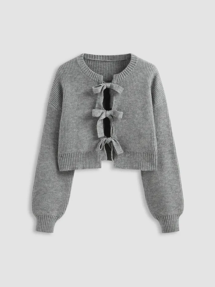 Knit Round Neckline Solid Button Cardigan