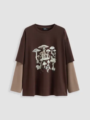 Rundhals-Mushroom Zweifarben Oversize Sweatshirt Kurve & Plus