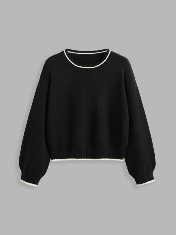Top a maglia con scollo rotondo, solido e con rilegatura a contrasto Curve & Plus