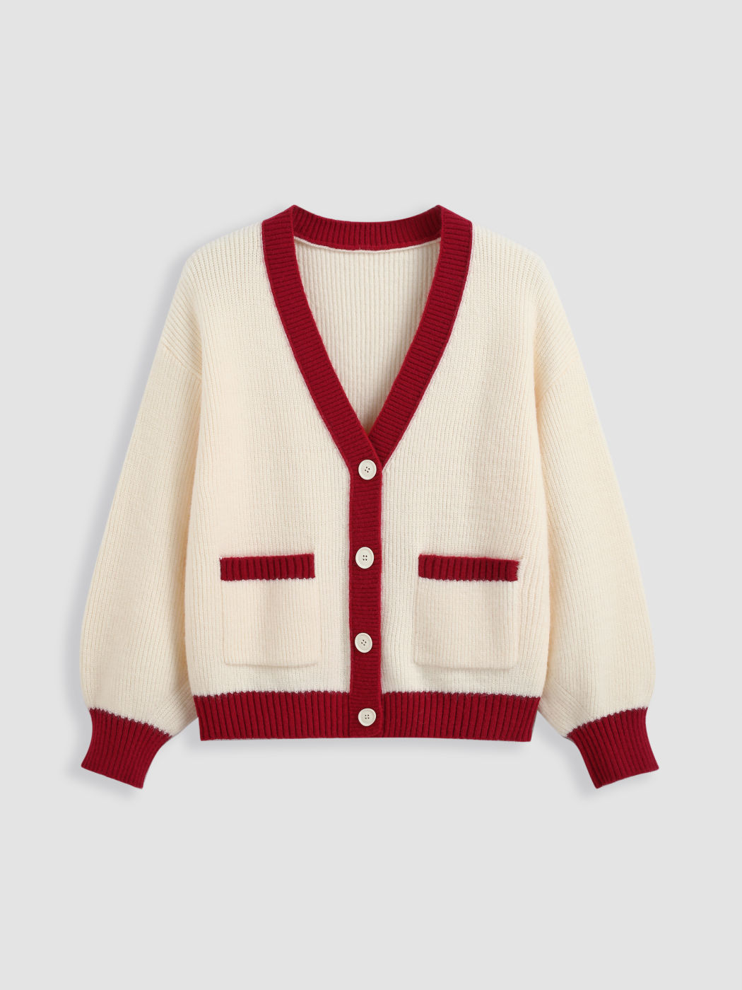 Knit V-neck Solid Button Contrasting Binding Cardigan Curve & Plus
