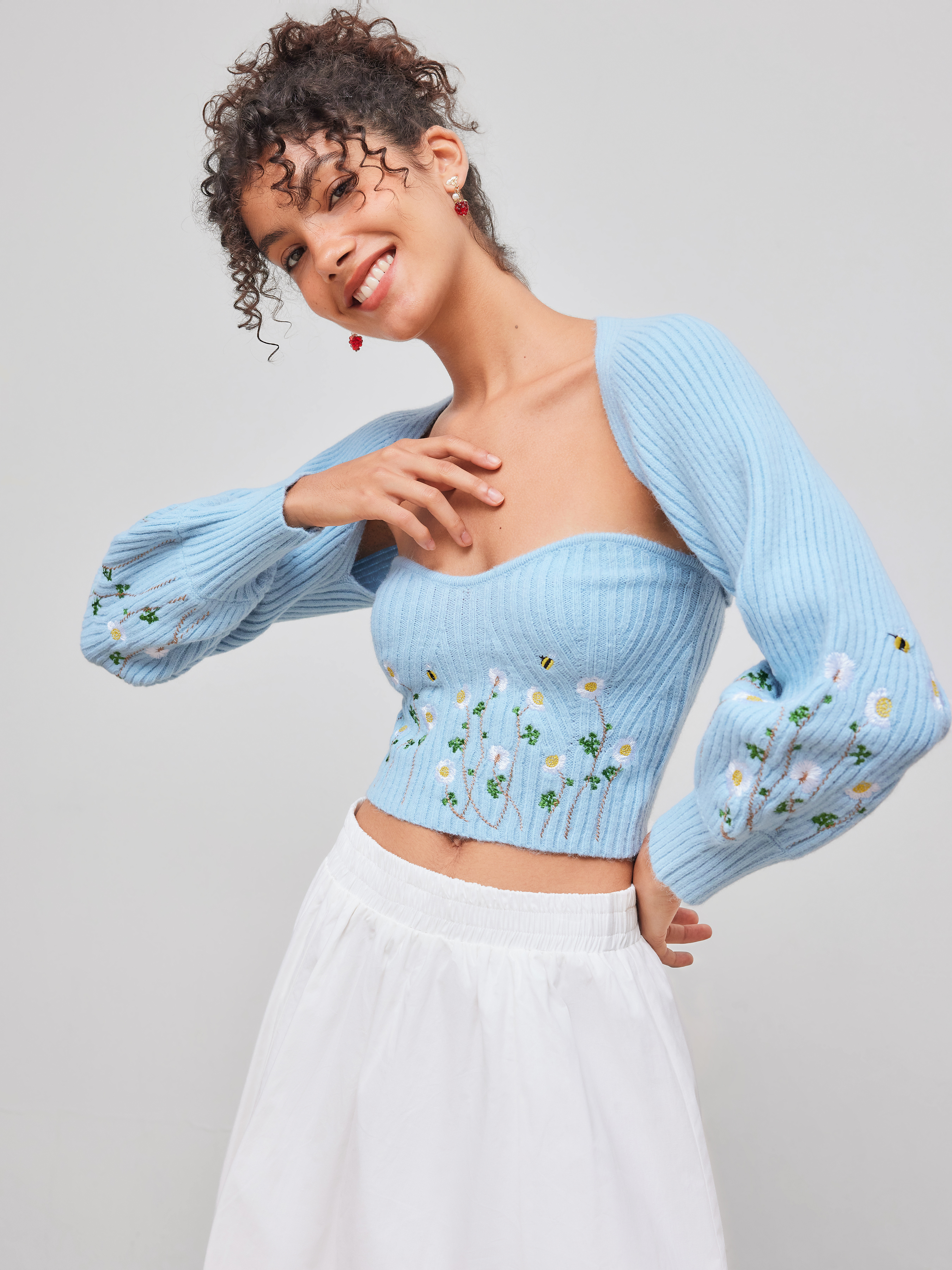 Knit Fabric Knit Floral Embroidery Tube Crop Top With Shrug
