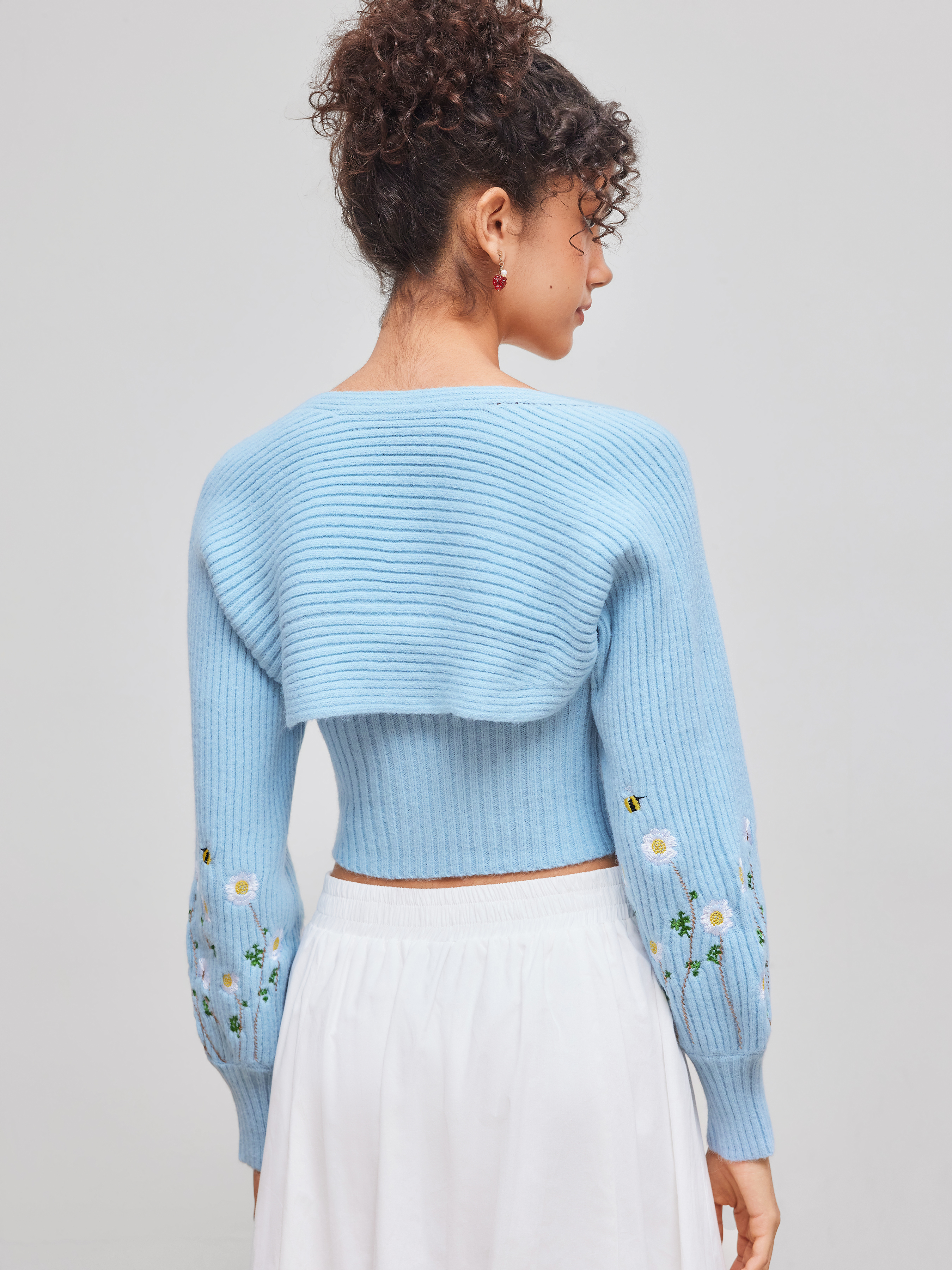 Knit Fabric Knit Floral Embroidery Tube Crop Top With Shrug
