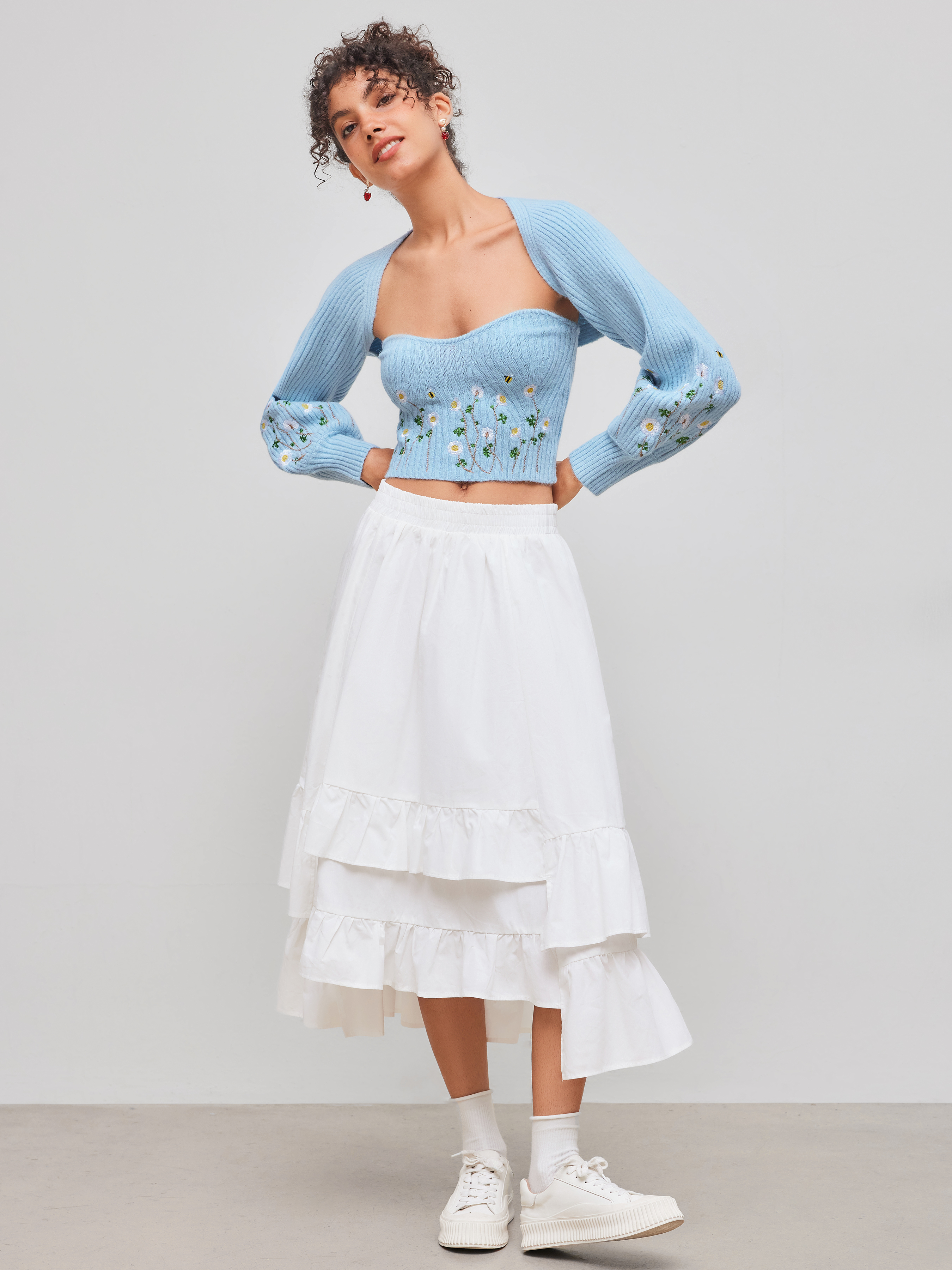 Knit Fabric Knit Floral Embroidery Tube Crop Top With Shrug