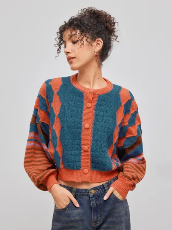 Cardigan géométrique rayé à encolure ronde