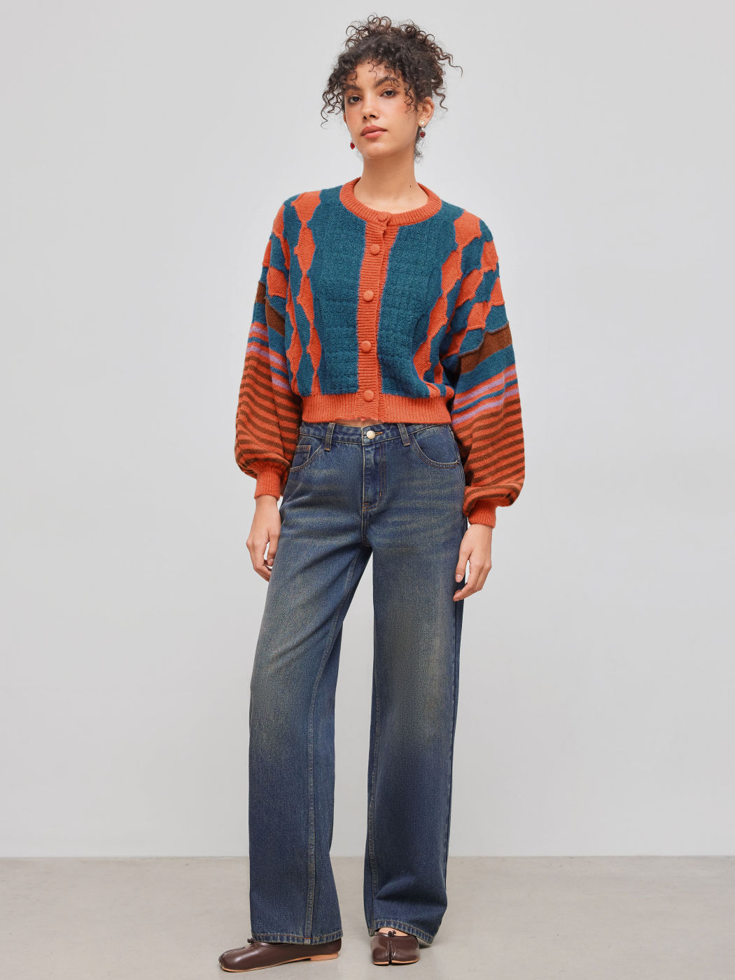 Knit Round Neckline Striped Geometric Cardigan