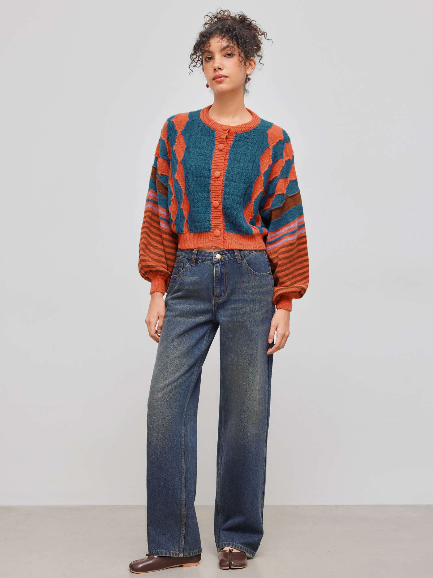 Knit Round Neckline Striped Geometric Cardigan