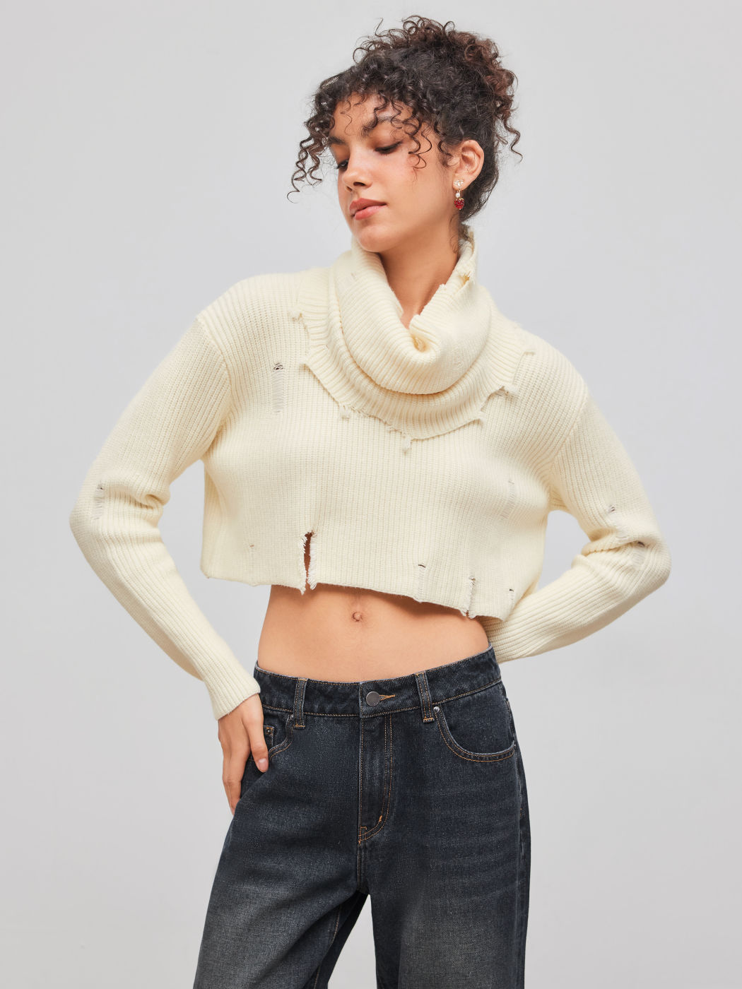 Knit Turtleneck Solid Hollow Out Long Sleeve Top