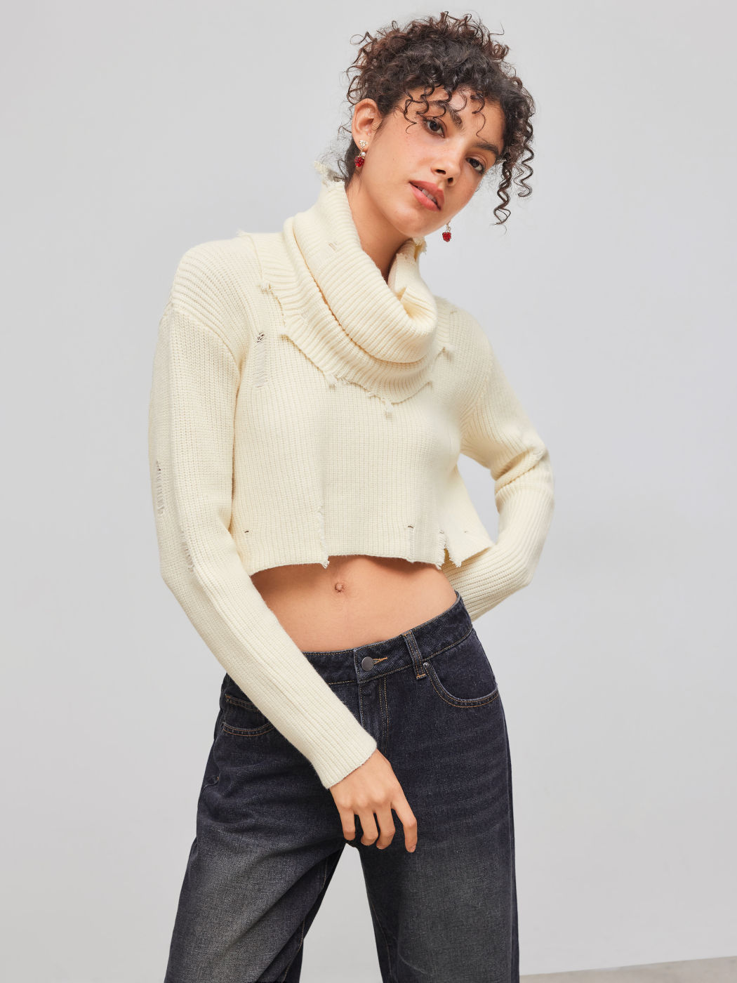 Knit Turtleneck Solid Hollow Out Long Sleeve Top