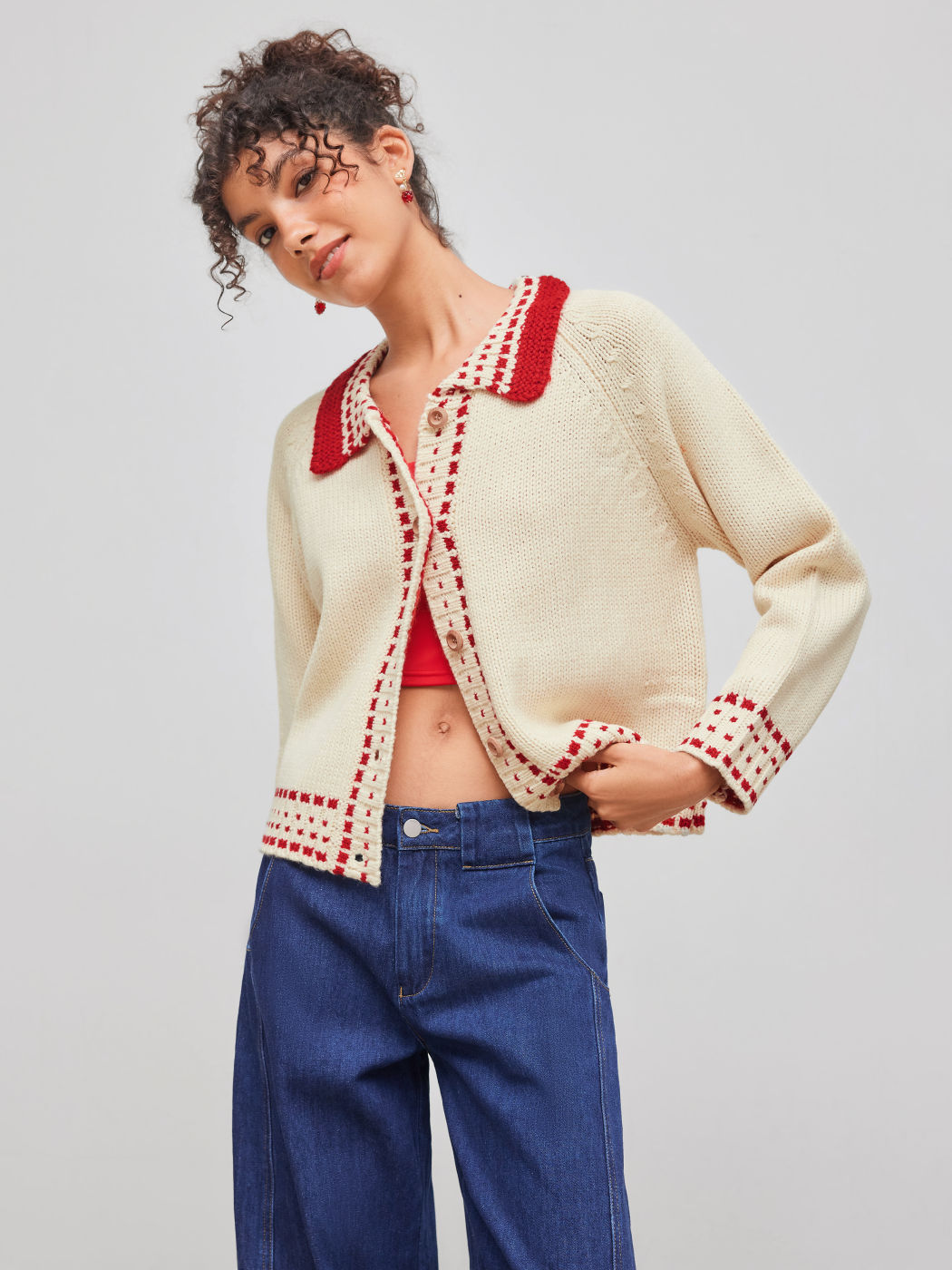 Knit Fabric Collar Button Up Cardigan