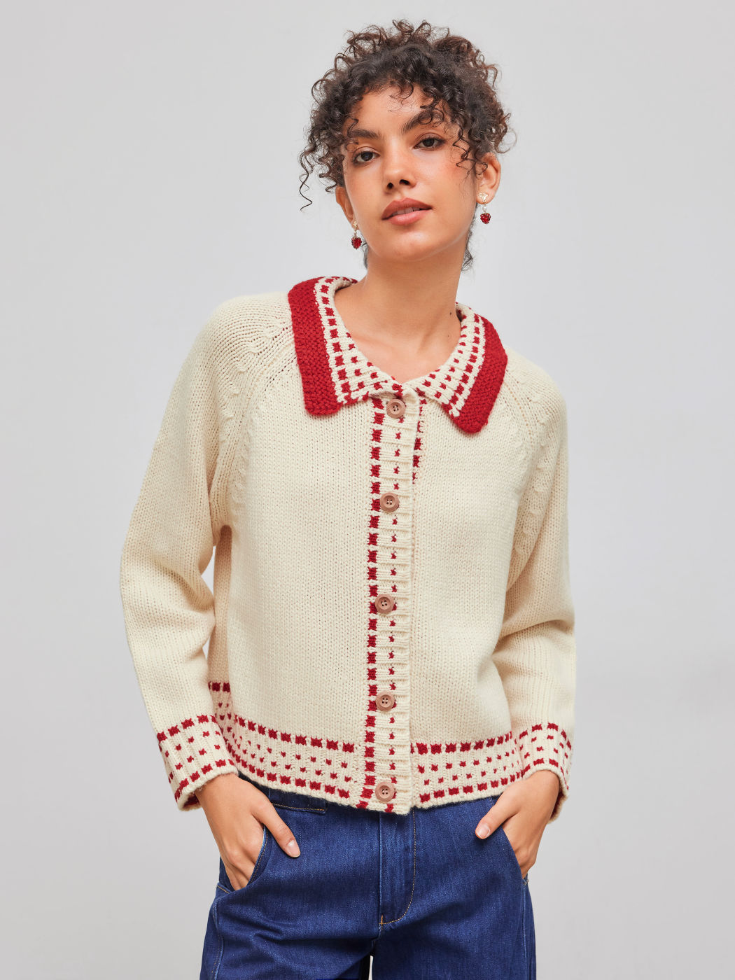 Knit Fabric Collar Button Up Cardigan