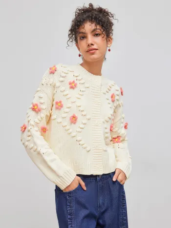 Cardigan in maglia con scollo rotondo e scollatura floreale