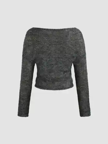 Knit Wool-blend Boat Neck Solid Ruched Long Sleeve Crop Top